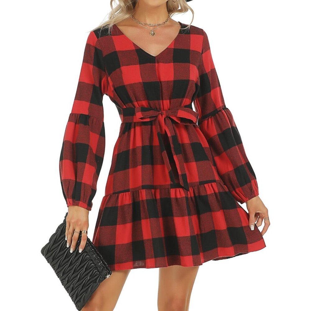 Women's Plaid Tiered Swing Dress Long Sleeve V Neck Pockets Casual Mini
